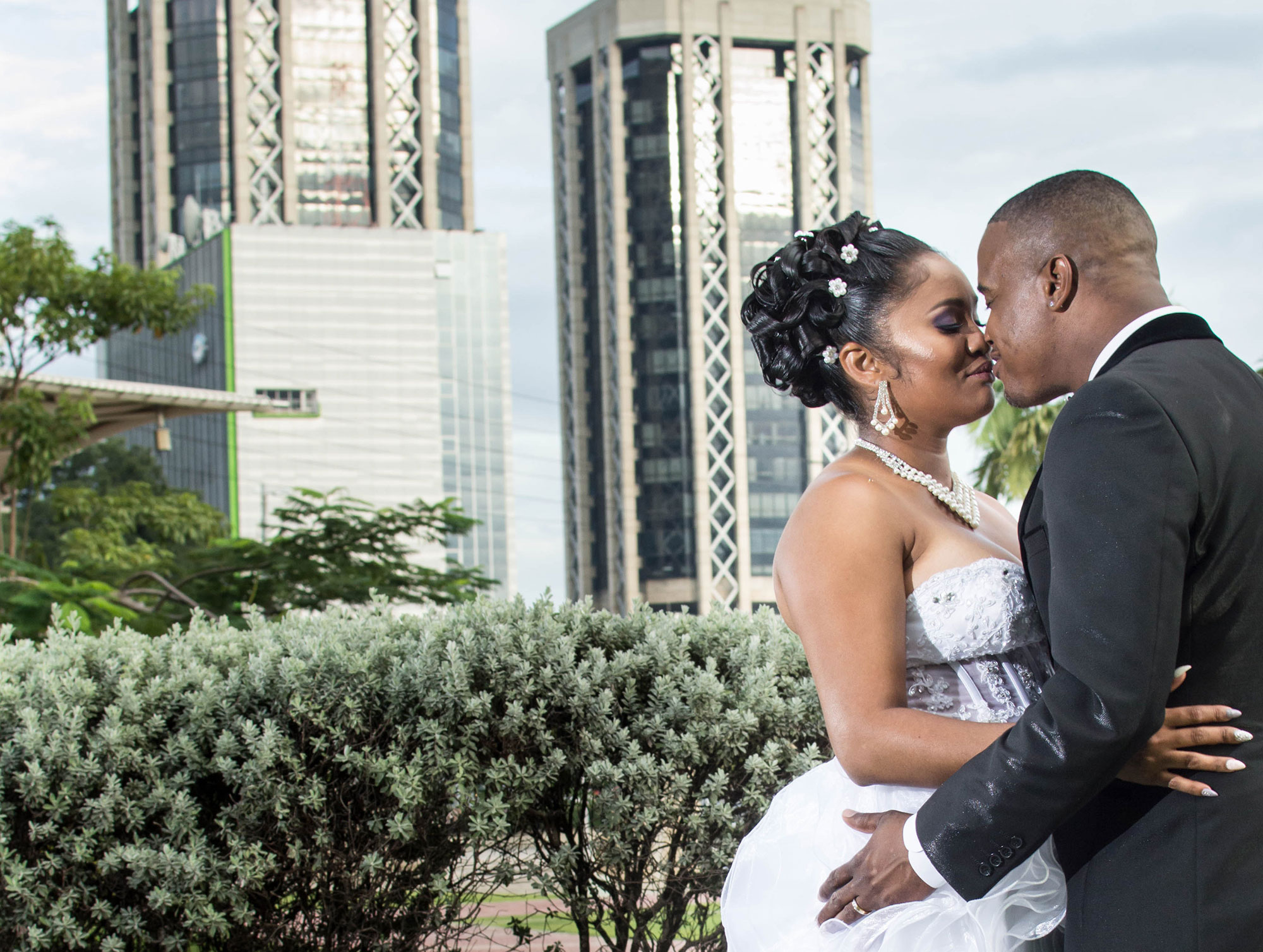 Bride and groom embracing at a destination wedding